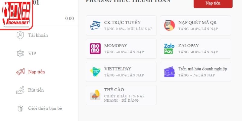 Nạp tiền Bon68 – Hướng Dẫn Thao Tác Chi Tiết Cho Người Mới 2 Các phương thức nạp tiền Bon68