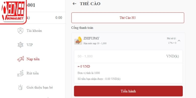 Nạp tiền Bon68 – Hướng Dẫn Thao Tác Chi Tiết Cho Người Mới 3 Nạp tiền Bon68 bằng thẻ điện thoại